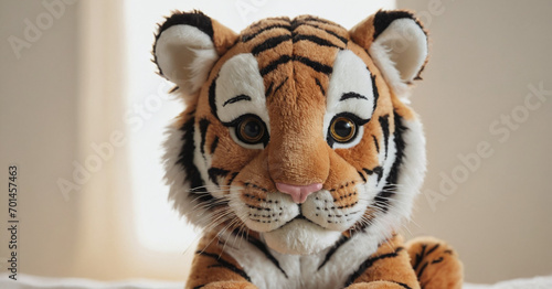 Close Up Plush Tiger Toy with Striking Details on Soft Background