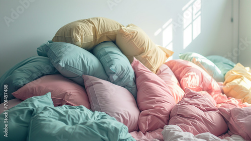 a mountain of pillows, blankets and mattresses in a bright room. copyspace, pastel colors. concept - home textiles, cozy home goods, sleep comfort
