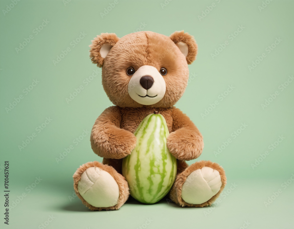 Fototapeta premium Plush Brown Teddy Bear Holding Watermelon on Soft Green Background Cute Toy 