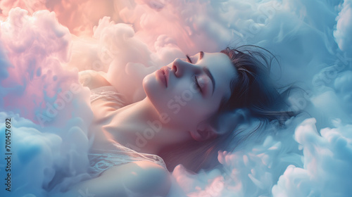  girl sleeping in the clouds. concept of comfortable sleep and magical dreams, fantastic illustration