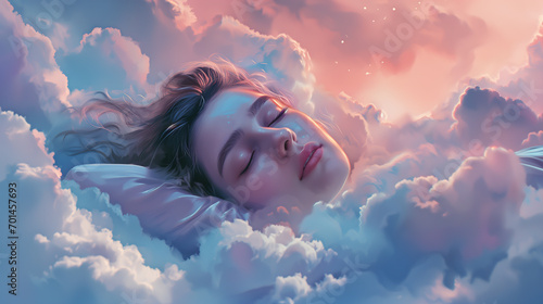 
girl sleeping in the clouds. concept of comfortable sleep and magical dreams, fantastic illustration