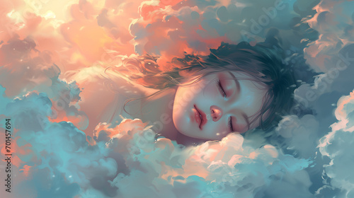
girl sleeping in the clouds. concept of comfortable sleep and magical dreams, fantastic illustration photo