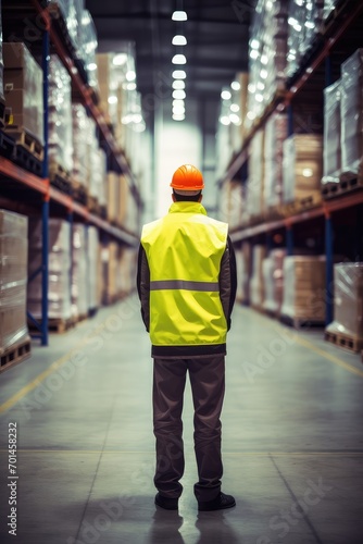 With a watchful eye, the warehouse worker stands at the helm of the warehouse's logistics.