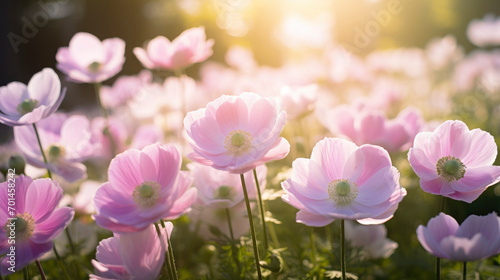 delicate pink anemone flowers closeup outdoors at golden hour