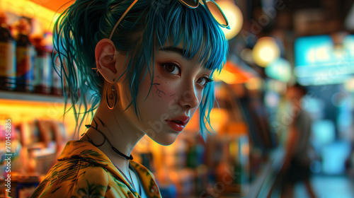 Anime girl with turquoise hair in shopping