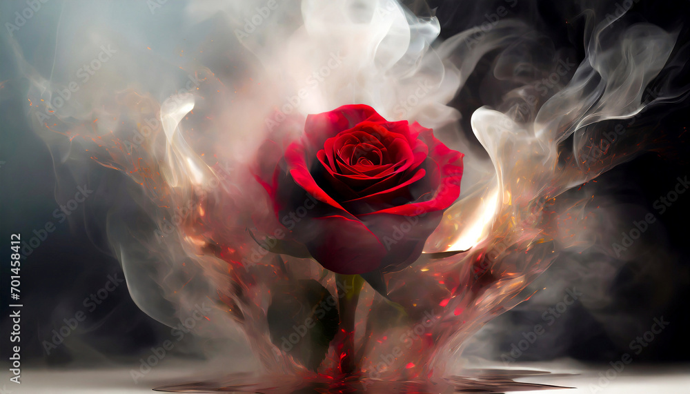 Czerwona róża, czarne tło, dym - obrazy, fototapety, plakaty 