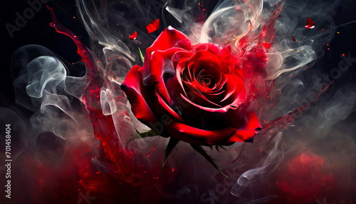 Czerwona róża, czarne tło, dym photo