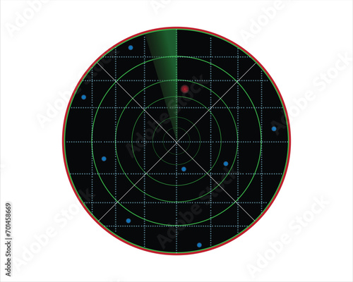 vector design of a radar or detection device commonly used on ships, airplanes and in the military, round black with green lines