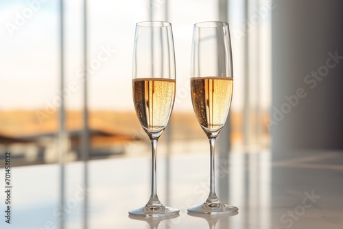 Two champagne glasses on a table