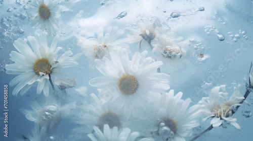 Вaisies floating in blue water, Chamomile flowers on a background of blue water, daisies underwater, Daisies in blue water, 