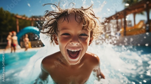 Child emotionally rejoices and laughs while swimming in a water park in summer in sunny weather. The joy of a child relaxing in a water park in summer. photo