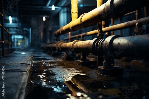 Leaking pipes in a factory or underground sewage pipes photo