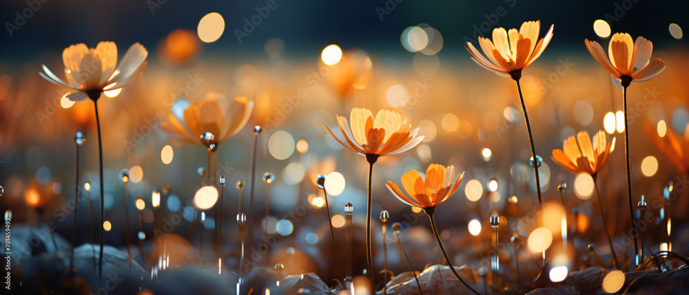 Golden flowers bloom between twinkling lights in a serene, dusk-lit spring atmosphere.
