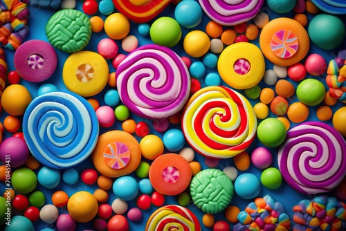  colorful lollipops and different colored round candy. top view photo