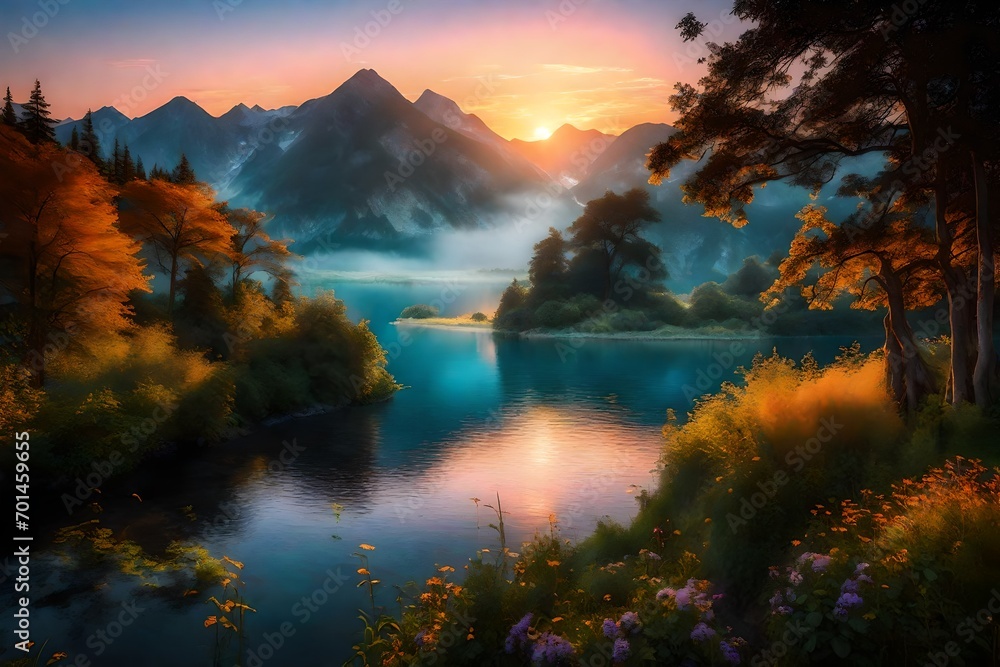Transport yourself to a serene summer dawn, where the sunrise bathes the landscape in a surreal, ethereal light.