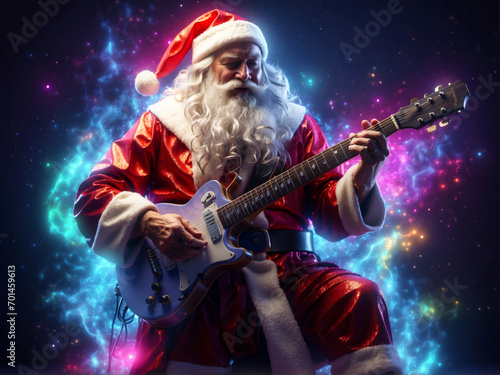 Santa Claus plays his electric guitar.