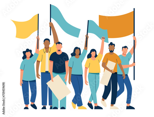 People carry flags at the rally. The people are on strike and chanting. Anarchy and revolution. Parade of men and women