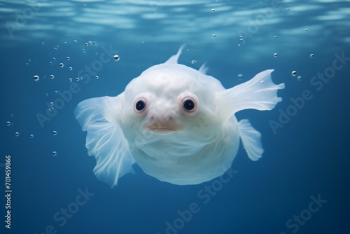 A white color blowfish or goldfish swimming in the ocean