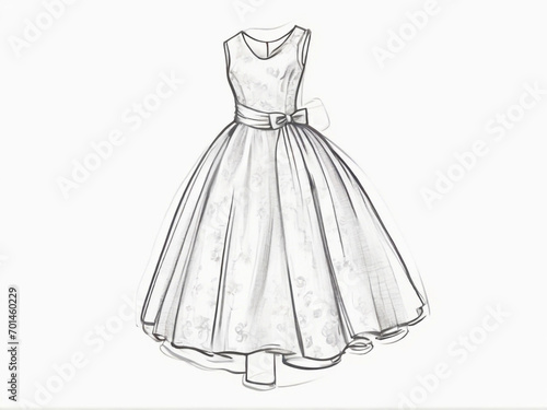 wedding dress isolated on white, Doodle sketch of dress on maneken, lines cartoon hand drawn illustration. AI generated.  Website, application, games template. Computer, laptop wallpaper.   photo