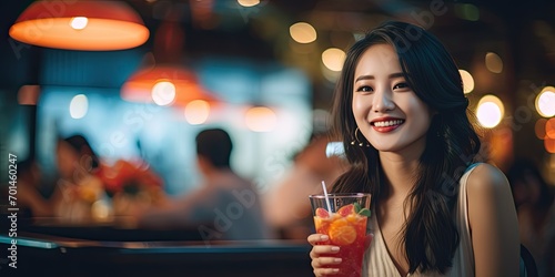 A pretty Chinese woman enjoying a refreshing cocktail at a restaurant bar, exuding happiness and style.
