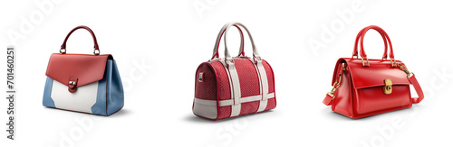 set collection of stylish women handbag purse, red and white leather, different colors and style, luxury elegant ladies hand bags isolated on white png transparent background