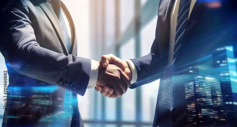 Businessmen shaking hands with partners, introducing themselves, transacting business, merging, generative ai