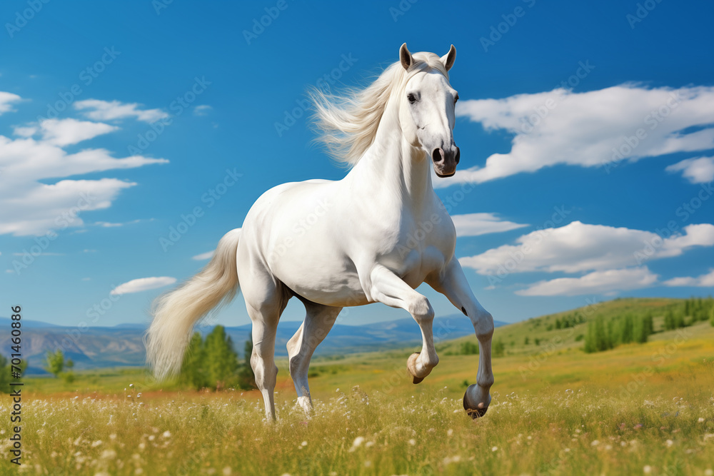 Majestic White Horse Galloping in Vibrant Meadow