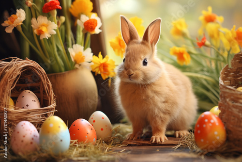 Easter Bunny Amidst Spring Flowers and Decorated Eggs