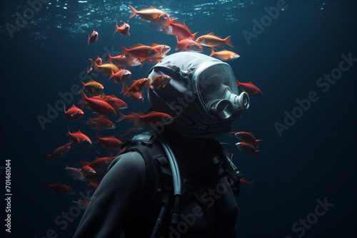 Closeup of a scuba diver in the ocean photo