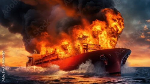 Fire on a container ship at sea. Shipping is one of the most important engines of the modern economy.