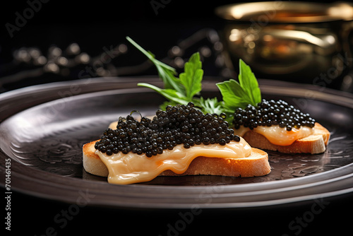 Elegant Caviar Canapes on Dark Plate