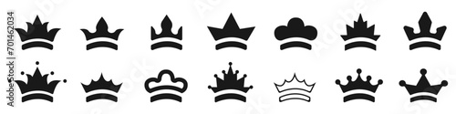 Black crowns vector icon set. King crown icon collection. Attributes of the power of the crown in different variants vector. Symbol of the kingdom. Crown of monarchs icon vector set of silhouettes.