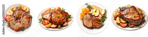 Plate of Pork Chops with Apples Hyperrealistic Highly Detailed Isolated On Transparent Background Png File