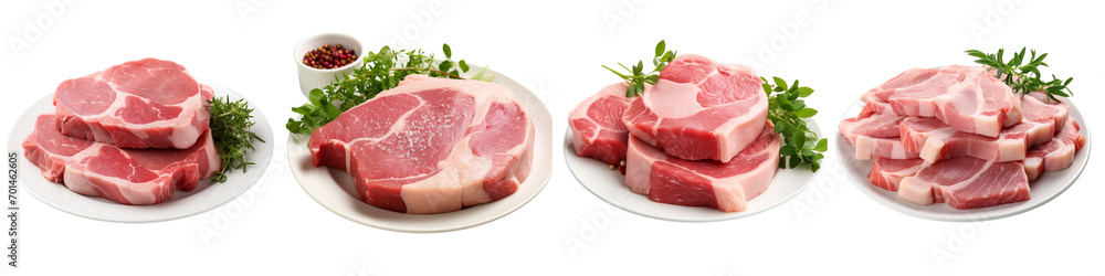 Plate of Raw Pork Chops  Hyperrealistic Highly Detailed Isolated On Transparent Background Png File
