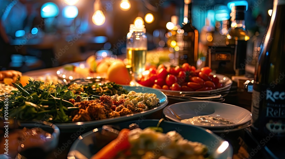 Cooked dinner on the table, meat and vegetable dishes Cooked dinner on the table, meat and vegetable dishes
