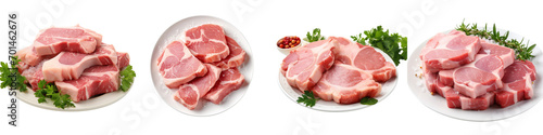 Plate of Raw Pork Chops Hyperrealistic Highly Detailed Isolated On Transparent Background Png File