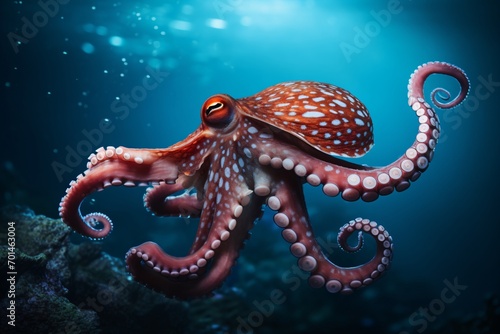 Closeup of an octopus swimming underwater in the ocean