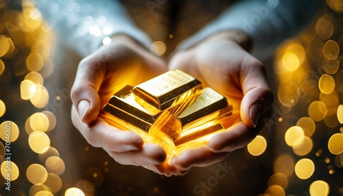 Hands holding shiny gold bars close up