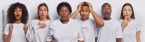 Quadro em tela Collage image of shocked six young people stare amazed have speechless expressions hold breath stare bugged eyes dressed casually isolated over white background