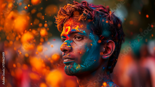 Portrait of an Indian young guy with paints on his face. The traditional religious holiday of Holi.