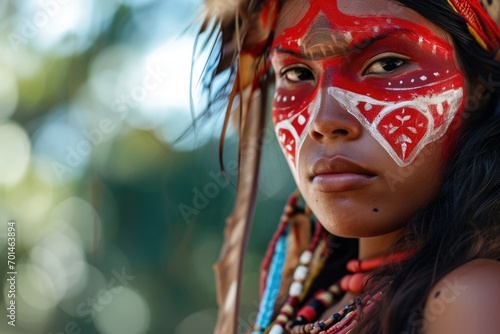 Indigenous Beauty: Captured in Traditional Attire and Bold Red Face Paintings, a Panará-Krenakore Woman Embodies the Cultural Heritage of Native Brazilians and Their Unique Identity.   © Mr. Bolota