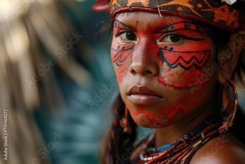 Indigenous Beauty: Captured in Traditional Attire and Bold Red Face Paintings, a Panará-Krenakore Woman Embodies the Cultural Heritage of Native Brazilians and Their Unique Identity.