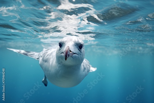 Closeup of a bird diving in the water to hunt fish photo