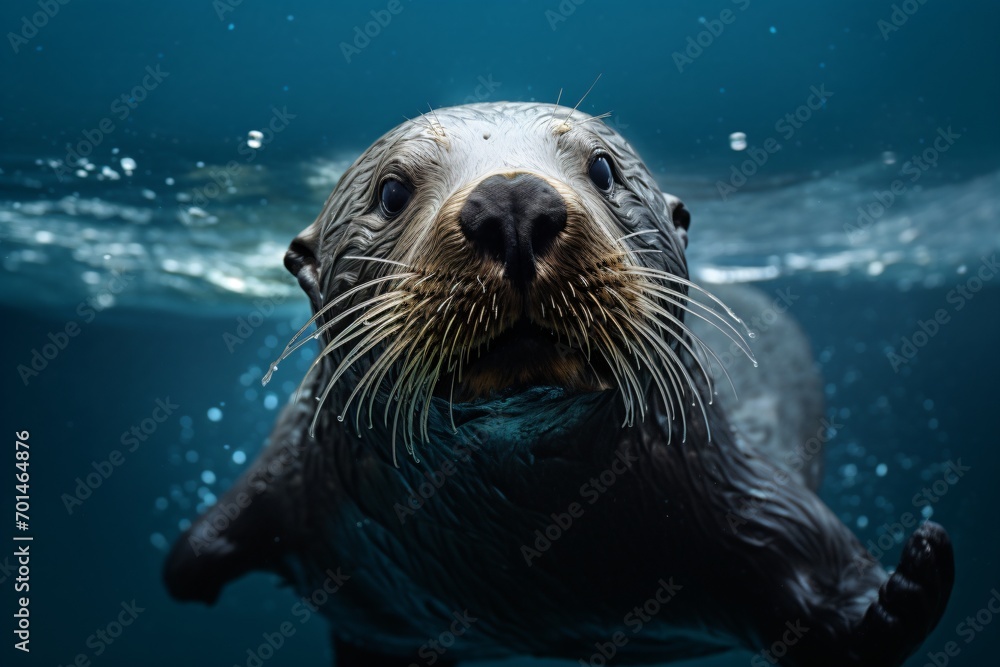 Fototapeta premium A sea lion or seal underwater looking at the camera