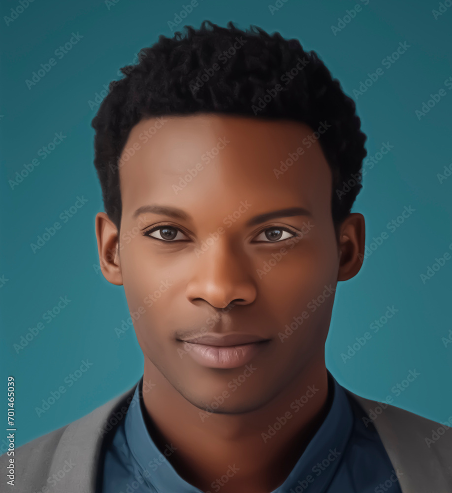 Obraz premium Dark skin man digital illustration Portrait isolated in minimalist flat background, realistic drawing of a Man, male profile avatar, handsome guy close up portrait shot 