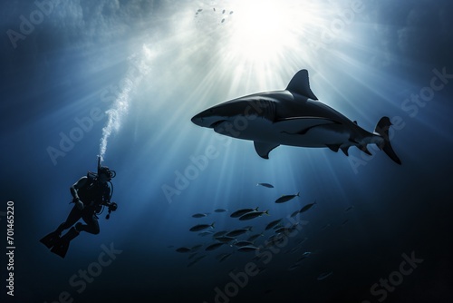 A scuba diver swimming around shark and smaller fishes