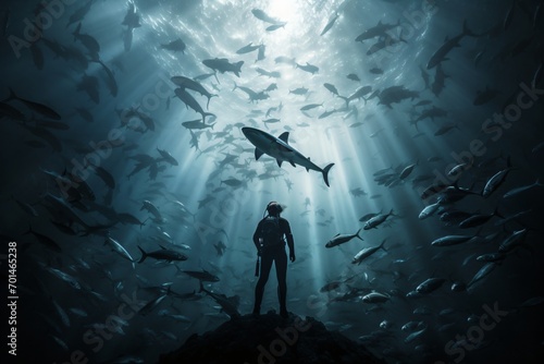 A scuba diver swimming around shark and smaller fishes photo