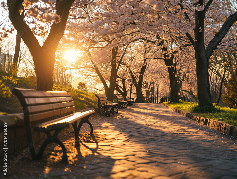 A serene park scene with cherry blossoms 