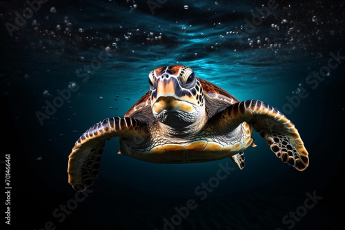 Closeup of an old and big sea turtle underwater while scuba diving