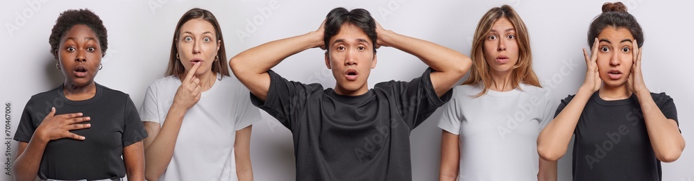 Photo collage of impressed scared young women and Japanese man feel impressed and speechless dressed in casual black and white t shirts react to something amazing. People and emotions concept Photo collage of impressed scared young women and Japanese man feel impressed and speechless dressed in casual black and white t shirts react to something amazing. People and emotions concept